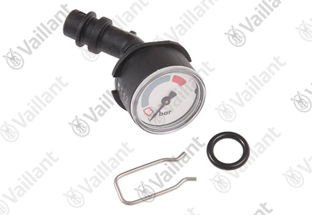 Vaillant-Manometer mit Anzeige für Druck in bar, mit Anschlussstück und Dichtung. Zubehörteile sind ein Sicherungsclip und eine O-Ring-Dichtung.